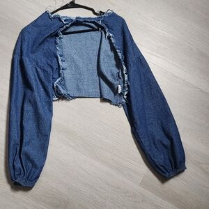 Touch Me Cropped Frayed Denim Bolero Jacket in Large  Blue